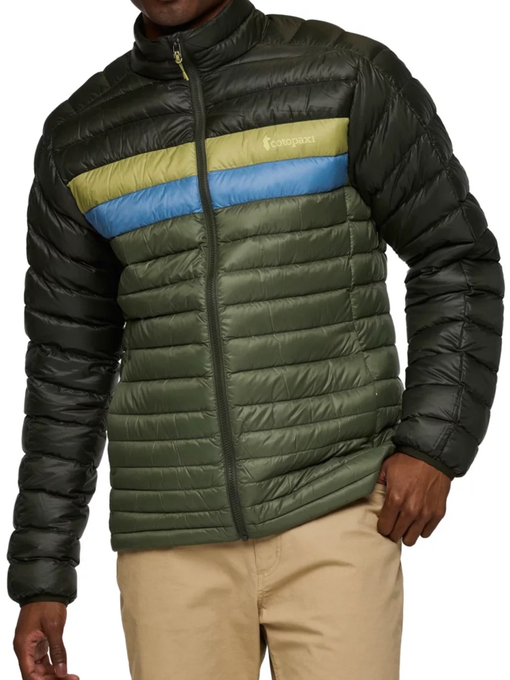 Cotopaxi Men’s Green Fuego Down Jacket with Light Blue Accent Size S